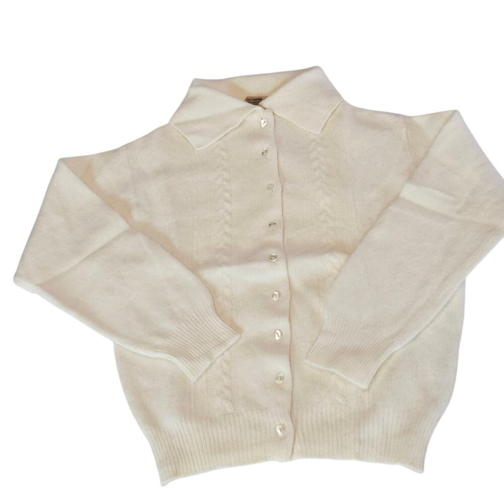 Vintage 1950's Miss Exquisite Ivory White Lambs Wool Cardigan Sweater Women's XS
